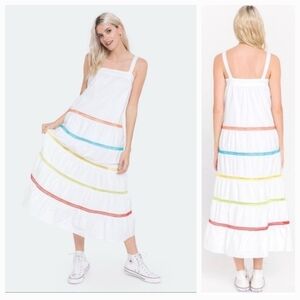 English Factory Sleeveless White Tiered Dress with Colorful Rainbow Stripes (S)